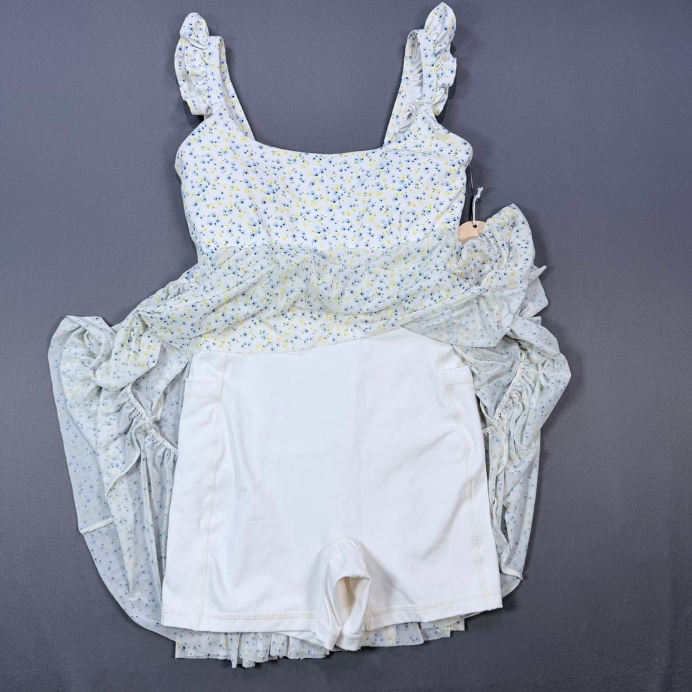 Blogilates Womens S White Floral Recycled Poly Romper Active Dress Ruffle Pocket - Picture 2 of 7